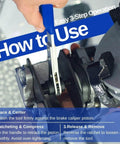 Instructional image showing the use of a brake caliper piston compression tool kit with 4 heavy duty caliper hooks and gloves 4 in 1 pro grade universal 360 ratcheting system for single twin quad piston car brake repair DIY friendly.
