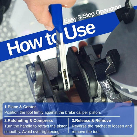 Instructional image showing the use of a brake caliper piston compression tool kit with 4 heavy duty caliper hooks and gloves 4 in 1 pro grade universal 360 ratcheting system for single twin quad piston car brake repair DIY friendly.