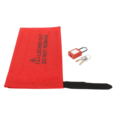 38mm Shackle Safety Padlock Lockout Tagout Lock With PVC Bag For Industrial Electrical Equipment LOTO Lock For Power Plants Factories Chemical Plants And Hazardous Areas Built Tough As Nails High Impact Temperature Resistant with red PVC bag and keys on white background.