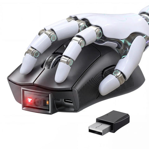 2-In-1 Wireless Mouse And Barcode Scanner With Bluetooth QR Code Reader, robotic hand on mouse, USB adapter visible