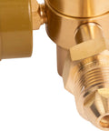 SPARC argon welding regulator outlet with CGA580 threaded fitting, brass, close-up view