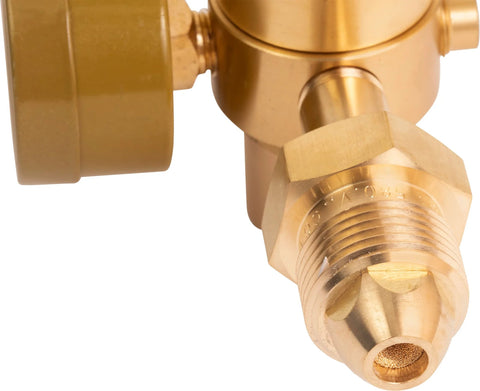 SPARC argon welding regulator outlet with CGA580 threaded fitting, brass, close-up view