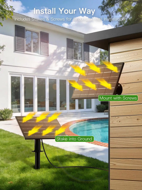 100Ft Outdoor Solar String Lights With Remote Control, 36 LED, showing solar panel installation options by poolside