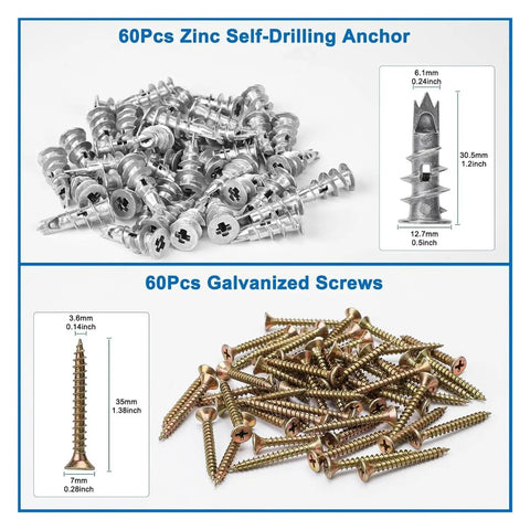 120 Piece Self Drilling Drywall Anchors Kit With Screws Zinc Alloy No Fuss Easy Install Heavy Duty Wall Fasteners For Quick Mounting On Drywall Plaster Or Concrete Surfaces, 60 anchors and 60 screws