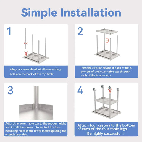 Installation steps for Stainless Steel Work Table With Casters And Undershelf, Flat Top Commercial Prep Table For Kitchen, Restaurant Or Garage, Heavy Duty, NSF Certified, Scratch And Rust Resistant, Easy To Clean, 36 Inch Rollin Prep Station.