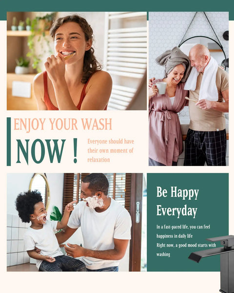 Collage of people enjoying bathroom routines, highlighting Matte Black Waterfall Bathroom Faucet For Single Hole Sinks With 304 Stainless Steel Construction, Metal Pop Up Drain, Low Profile Modern Vanity Faucet With Deck Plate Included, Flexible Hoses.