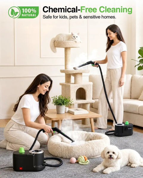 User sanitizing a pet bed with Heavy Duty TaskStar Steam Cleaner With High Pressure For Cleaning Floors And Greasy Grills Powerful 1500W Hot Steam Machine
