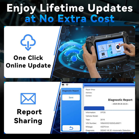 OBD2 Touchscreen All In One Diagnostic Scanner with online update and report sharing feature displayed on screen