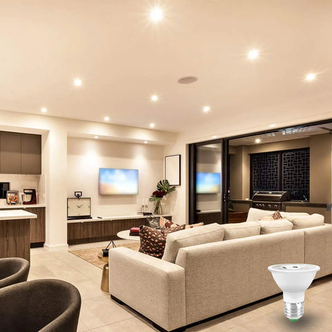 Par16 RGB LED Bulb 12 Colors, 45 Beam, Dimmable 2700K E26 shown in modern living room setting