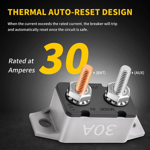 Beefy 30 Amp Automatic Reset Circuit Breaker 12V 24V DC Waterproof IP66 For Automotive Marine Boat RV Trailer Solar System With Cover And Stud Bolt Terminals Pack Of 6, 30A terminals