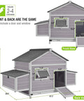 Outdoor Wooden Chicken Coop With Large Nesting Box, Expandable Run, Easy Clean Removable Sliding Tray, Ventilated Wire Fencing shown in front and back views with dimensions labeled.