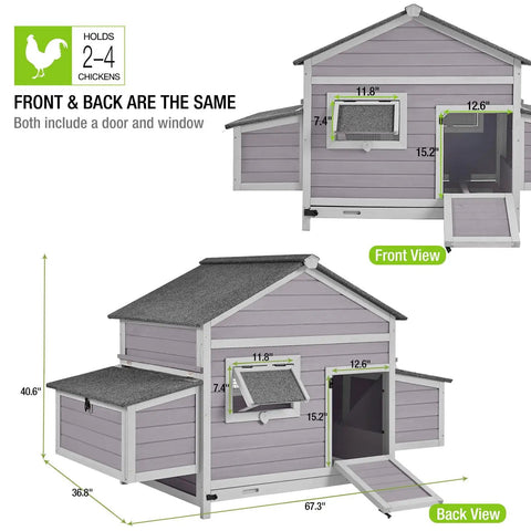 Outdoor Wooden Chicken Coop With Large Nesting Box, Expandable Run, Easy Clean Removable Sliding Tray, Ventilated Wire Fencing shown in front and back views with dimensions labeled.