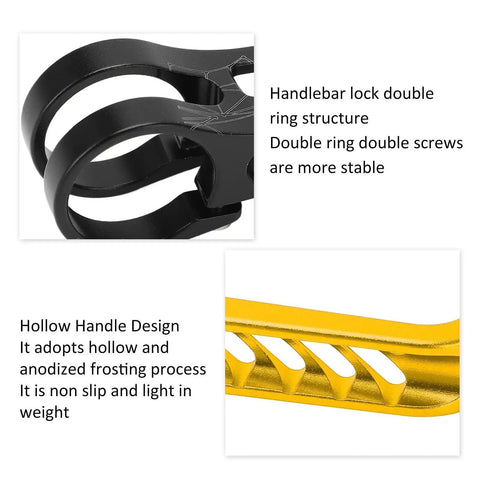 Top Shelf Aluminum Alloy Bicycle Brake Levers Built For A Snappy Pull Feel And Easy Handlebar Adjustments Perfect For Road Mountain Or Folding Bikes Finished In Sleek Matte Gold close-up of a black double ring handlebar lock structure and gold hollow handle design.
