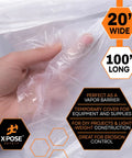 Hand holding Clear Plastic Sheeting Roll 20 Ft By 100 Ft Heavy Duty 4 Mil Poly Sheet Waterproof Dustproof Vapor Barrier for construction.