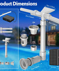 Solar Pool Fountain With 9 Color LED Lights And Dual Head Adjustable Waterfall parts layout with dimensions