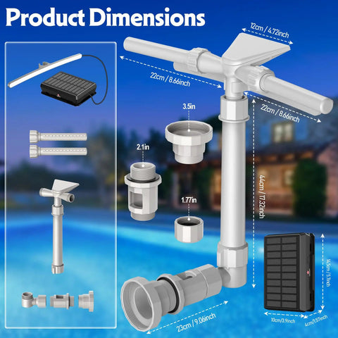 Solar Pool Fountain With 9 Color LED Lights And Dual Head Adjustable Waterfall parts layout with dimensions