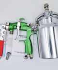 Professional Grade Built Tough Bottom Feed Paint Spray Gun With One Liter Cup And 1.7 Mm Nozzle for auto bodywork and furniture, showing tools and manual.