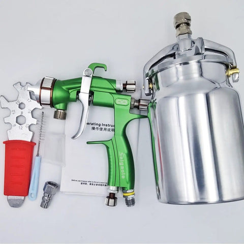 Professional Grade Built Tough Bottom Feed Paint Spray Gun With One Liter Cup And 1.7 Mm Nozzle for auto bodywork and furniture, showing tools and manual.