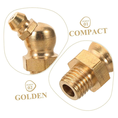 Golden fittings from the 9 Piece Copper Grease Fitting Kit For Cars And Trailers, Pro Grade Nozzles And Oil Caps, with compact design.