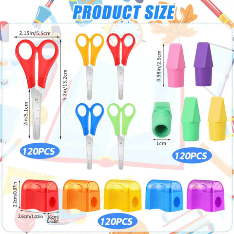 Back To School Essentials Kit 360 Pcs For Kids Featuring Pencil Top Erasers, Student Scissors, And Miniature Pencil Sharpeners With Covers