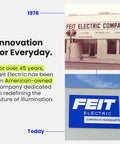 Feit Electric Company 1978 building and modern corporate headquarters sign with innovation message.