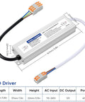 Tough As Nails IP67 Waterproof LED Power Supply 12V 60W 5A with connector, detailed dimensions and wiring description.