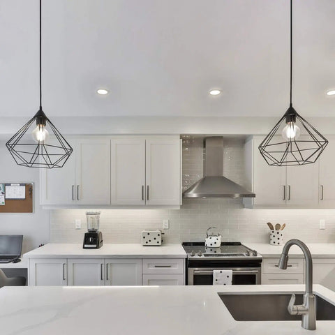 Modern kitchen with LED G25 globe bulbs 60W equivalent 4000K daylight non dimmable glass Edison style for bathroom vanity mirror E26.