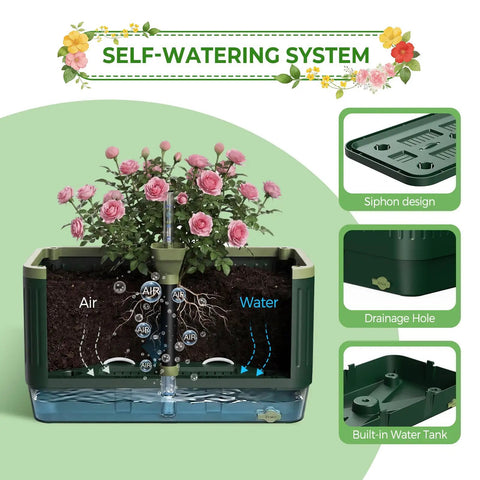 Illustration of Self Watering Tomato Planter With Trellis And Water Level Indicator system showing air flow and water siphon design