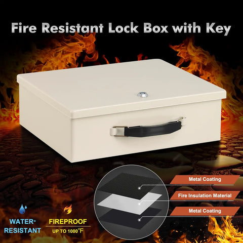Beefy Fireproof Safe Box With Key Lock For Valuables And Documents, Tough As Nails Fire Resistant Lockbox For Passport Cash And Tablet, Large 13.2 By 11 By 4.13 Inches, Beige