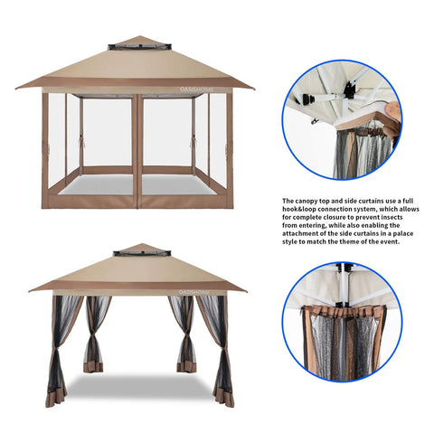 Front and side views of Pop Up Gazebo Canopy Tent 12x12 Portable Instant Setup with one push locking system and mesh sidewalls