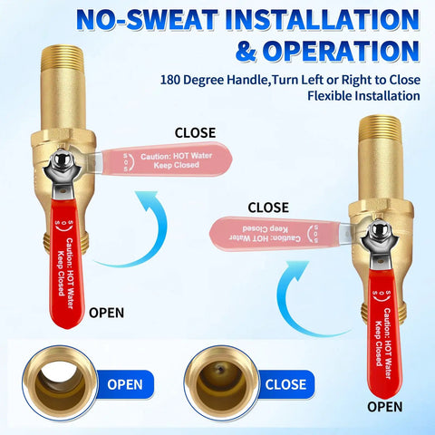 Diagram showing Heavy Duty Full Port Water Heater Drain Valve Three Quarter Inch NPT Inlet To Three Quarter Inch GHT Outlet Lead Free Brass with 180° handle operation.