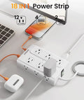 Massive Heavy Duty Surge Protector Power Strip With Twelve Roomy Outlets And Six Fast Charge USB Ports Featuring An Insanely Slim Flat Plug Cable And Zero Tangle Design Perfect For Bedroom Couch Setup.