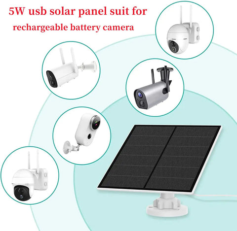 Diagram showing 5W Outdoor Solar Panel for Wireless Security Cameras with USB C and Micro USB compatibility and cameras