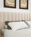 Snag This Premium Full Size Velvet Upholstered Bed Frame With Four Roomy Roll Out Drawers And Cozy Padded Headboard Featuring Rock Solid Wood Slats To End Your Box Spring Shopping Stress Fast. Close-up of the cushy velvet headboard with stacked pillows.