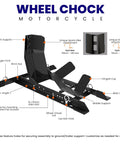 Universal Motorcycle Wheel Chock For Stand And Trailer, Fully Adjustable, Detachable And Foldable, diagram view