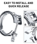 3 Inch Stainless Steel V Band Clamp Kit With Mild Steel Male And Female Flanges For Turbo Exhaust Downpipes And Racing Street Ready Upgrades Easy Disassembly Beefy Heavy Duty Clamp Pair For Quick Exchange 2 Piece Set showcasing easy installation and quick release mechanism.