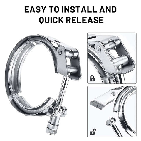 3 Inch Stainless Steel V Band Clamp Kit With Mild Steel Male And Female Flanges For Turbo Exhaust Downpipes And Racing Street Ready Upgrades Easy Disassembly Beefy Heavy Duty Clamp Pair For Quick Exchange 2 Piece Set showcasing easy installation and quick release mechanism.