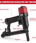 22 Gauge Three Eighths Inch Crown Pneumatic Upholstery Stapler With Long Nose, Air Stapler Kit showing parts and features