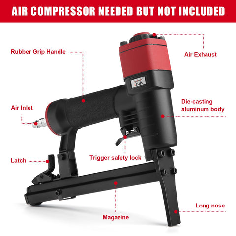 22 Gauge Three Eighths Inch Crown Pneumatic Upholstery Stapler With Long Nose, Air Stapler Kit showing parts and features