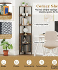 Industrial 4 Tier Corner Shelf With Cabinet Doors And Metal Frame Freestanding Brown Bookcase For Living Room Bedroom And Kitchen Space Saving 32 By 32 By 170 Cm beside a desk with plants and books.