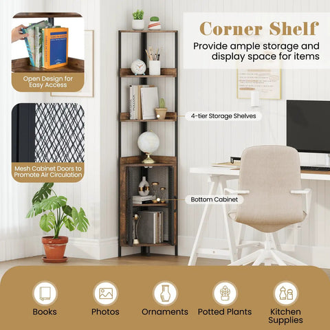 Industrial 4 Tier Corner Shelf With Cabinet Doors And Metal Frame Freestanding Brown Bookcase For Living Room Bedroom And Kitchen Space Saving 32 By 32 By 170 Cm beside a desk with plants and books.