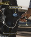 FlowPro Digital Tire Inflator With Pressure Gauge 200 PSI in use, showing high accuracy digital gauge and steel braided hose on tire