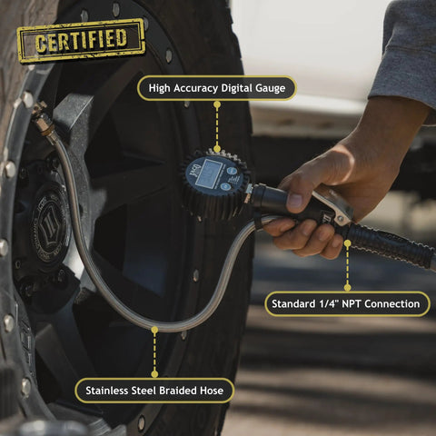FlowPro Digital Tire Inflator With Pressure Gauge 200 PSI in use, showing high accuracy digital gauge and steel braided hose on tire