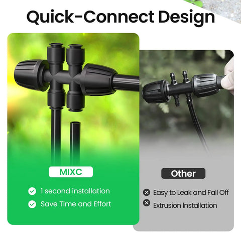 Close-up of Four Pack 1/2 To 1/4 Inch Barbed Tee Quick Connectors For Drip Irrigation, 4 Way Splitter Fittings in use