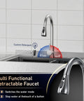 Close-up of retractable faucet on 26-Inch Freestanding Stainless Steel Utility Sink With Cabinet, showing hot and cold controls.