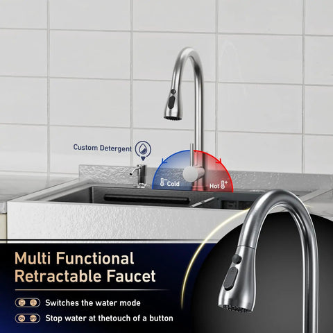 Close-up of retractable faucet on 26-Inch Freestanding Stainless Steel Utility Sink With Cabinet, showing hot and cold controls.