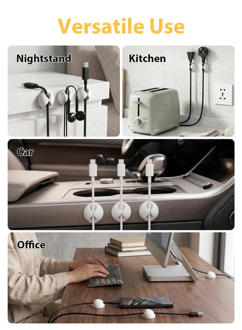 6 Pack White Cable Clips For Desk Nightstand And Car installed with cables in different settings including kitchen and office