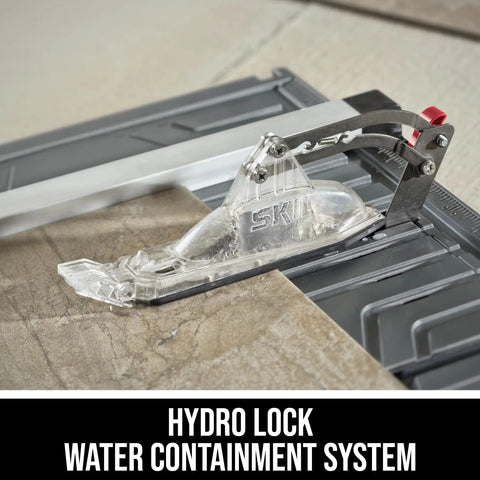 7 Inch Wet Tile Saw With HydroLock Water Containment System For No Mess Cuts showing close-up of water containment feature