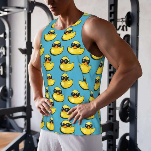 Man wearing Quick Dry Men's Tank Top with Cool Duck Sunglasses Print in gym setting