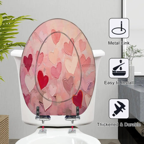 Fun Elongated Toilet Seat Resin for Bathroom Use with heart design, 18.5 inch elongated size, easy to install hinges.